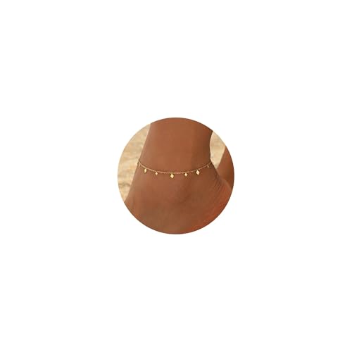 18K Gold Plated Ankle Bracelets for Women Stainless Steel Anklet with Star Cross Disc Coin Teardrop Charms Waterproof Thin Chain Ankle Jewelry Gift for Her - style: Rhombus-Gold
