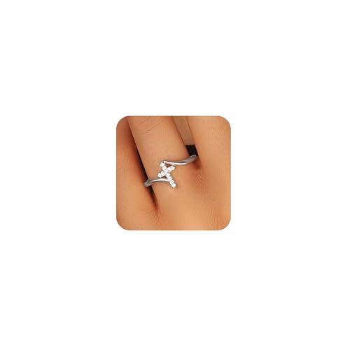 Gold Cross Statement Rings for Women 14K Gold Silver Tone Non Tarnish Cute Band High Polished Smooth Comfort Fit Size 5-10 - color: B - silver