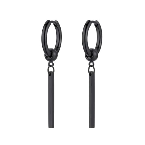 PROSTEEL Stainless Steel Huggie Hoop Earrings for Mens Gold/Black/Silver | Skull/Infinity Pattern, Spike/Cuban Links 4 Design Options Hypoallergenic Lightweight Earring Hip Hop Punk Gothic Jewelry - style: 08-Straight Dangle-Black