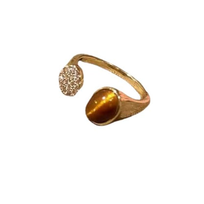 Tiger's Eye & Crystal Stackable Open Ring Adjustable Gold Tone Boho Statement Rings for Women - color: Gold 02