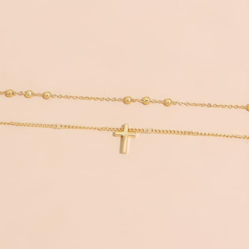 Alegend Dainty 14K Gold Double - Layer Cross Necklace for Casual & Formal - style: 14K Gold Beads+ Cross