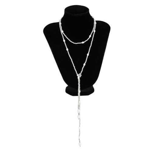 Long Black Beaded Necklace for Women Trendy Gold Beads Slip Tie Pearl Wrap Necklace Layered Silver Lariat Necklaces with Pearl Drop Y Statement Necklaces Versatile Elegant Jewelry - color: Silver-Plated