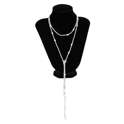 Long Black Beaded Necklace for Women Trendy Gold Beads Slip Tie Pearl Wrap Necklace Layered Silver Lariat Necklaces with Pearl Drop Y Statement Necklaces Versatile Elegant Jewelry - color: Silver-Plated