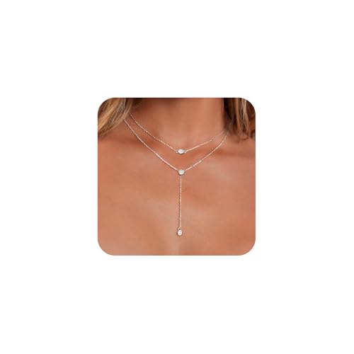 LULII Lariat Gold Necklace for Women Trendy Dainty 14k Gold Plated/Silver Layered Chain Drop Necklaces Y-Shaped Necklace Jewelry for Women Gifts - color: Y 3CZ Necklace-Silver