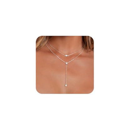 LULII Lariat Gold Necklace for Women Trendy Dainty 14k Gold Plated/Silver Layered Chain Drop Necklaces Y-Shaped Necklace Jewelry for Women Gifts - color: Y 3CZ Necklace-Silver