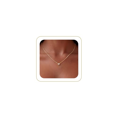 Tewiky Dainty 14k Gold Plated/Silver Cubic Zirconia Necklaces for Women | Simple CZ Jewelry Necklaces Trendy Gifts - color: Gold Bezel CZ
