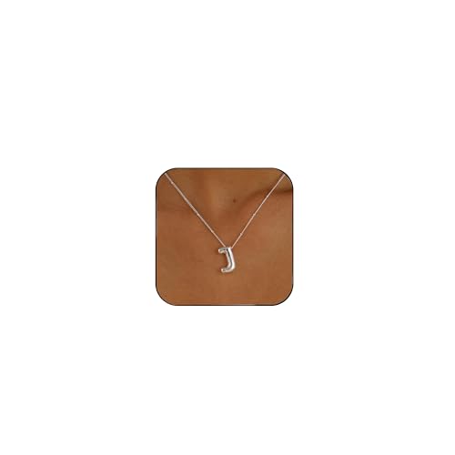 Ewrkbrㅤ Initial Necklaces for Women, 14k Gold Plated Bubble Letter Necklace Chunky Gold Necklace Dainty Charm Initial Necklaces for Women Trendy Custom Preppy Stocking Stuff Necklace Christmas Gifts - color: Silver, style: J