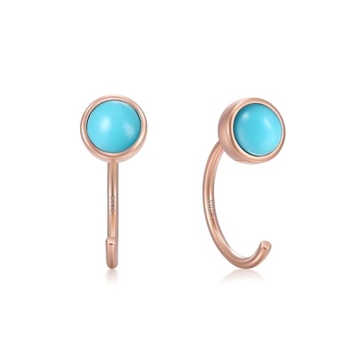 CHIC & ARTSY 925 Sterling Silver Half Hoop Earrings for Women, Dainty Huggie Hoops with Synthetic Opal, Moonstone, CZ & Gemstones, Lightweight Comfort Fit Everyday Elegant Jewelry - color: Synthetic Turquoise/Rose Gold Plated Silver