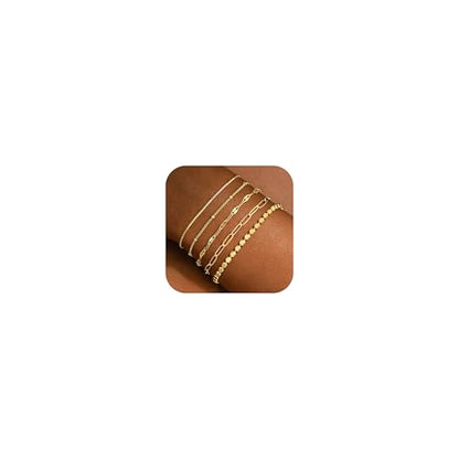 Gold Bracelet for Women, Waterproof Jewelry,5PCS | 14K Gold Plated Bracelets Stacks Non-Tarnish, Lightweight & Comfy, Trendy Adjustable Dainty Links, Women’s Jewelry Gift - color: 5 pcs-Box+Satellite+Lip+Paperclip+Flat bead