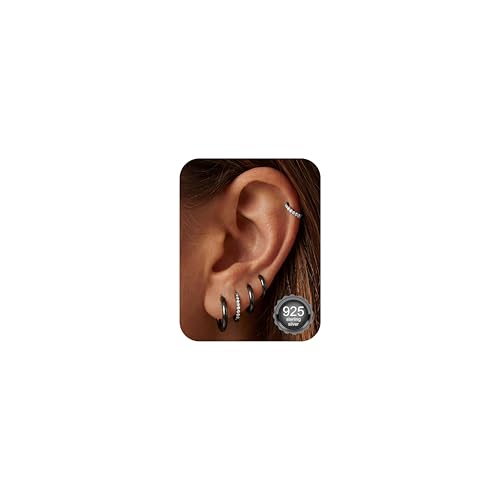 Tungary Small Gold Hoop Earrings for Women Huggie CZ Hoops Earring Stacks | Hypoallergenic Earing Hoops for Sensitive Ears, Earrings Stack Set for Cartilage, Secure Clasp, Silver/Black/14K Gold Plated - color: Black-Sterling Silver Post