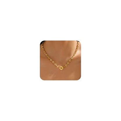 Chunky Gold Necklace for Women, 18K Gold Plated Paperclip, Figaro Link Chain Necklace, Toggle Clasp Necklaces, Trendy Non Tarnish Jewelry, Christmas Gifts - style: 6mm Cable Toggle 16.5''-Gold
