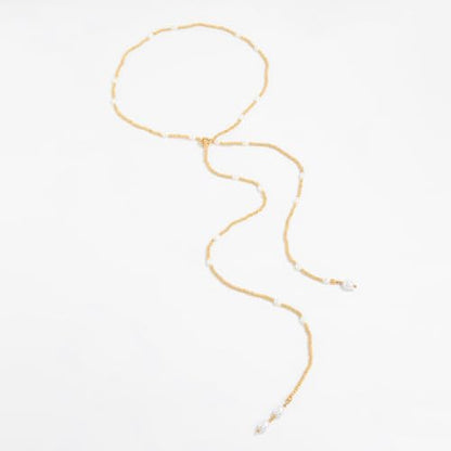 Green Beaded Lariat Necklace with Baroque Pearl Drops – Adjustable Wrap Y Style Jewelry, Beach and Bohemian Outfit Accessory for Women - color: Gold Bead Style
