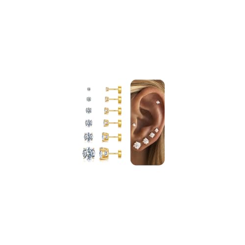 6 Pairs Hypoallergenic Flat Back Earrings for Women Girls,Stud Earring Set | Cartilage Earrings for Sensitive Ears,Cubic Zirconia Ball Pearl Earring,Screw Back Helix Conch Piercing Sets,Jewelry Gifts - color: CZ-14K-Gold-Plated