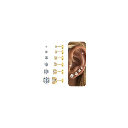 6 Pairs Hypoallergenic Flat Back Earrings for Women Girls,Stud Earring Set | Cartilage Earrings for Sensitive Ears,Cubic Zirconia Ball Pearl Earring,Screw Back Helix Conch Piercing Sets,Jewelry Gifts - color: CZ-14K-Gold-Plated