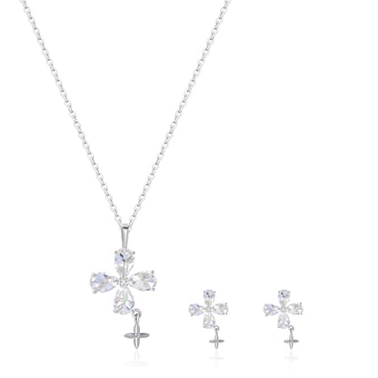 14K Gold Plated | 14K Platinum Plated Necklace for Women Necklace Earrings Set with Sparkling Zircon Inlay and Silver Post Earrings - color: Cross fringe set silver