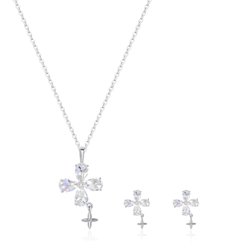 14K Gold Plated | 14K Platinum Plated Necklace for Women Necklace Earrings Set with Sparkling Zircon Inlay and Silver Post Earrings - color: Cross fringe set silver