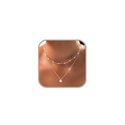 OGD Gold Pearl Necklace Set for Women 14K Plated Layered Daisy Choker Gift - color: Silver Pearl Necklace-2PCS
