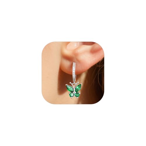 Bestyle Gold Butterfly Earrings for Women, Dainty Cute Birthstone Studs Hypoallergenic Jewelry, Great Birthday Gift - style: 05.May(Emerald)-DANGLE