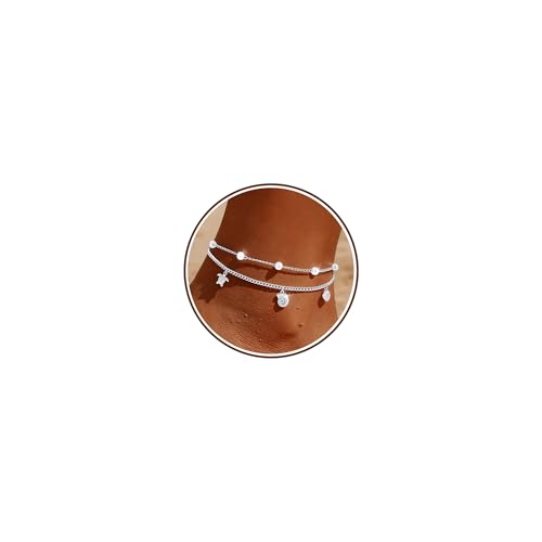 Sterling Silver Ankle Bracelets for Women 14k Gold Plated Waterproof Dainty Layered Stackable Seashell Pearl Charm Non Tarnish Adjustable Anklet for Summer Beach Jewelry Gift - color: silver1