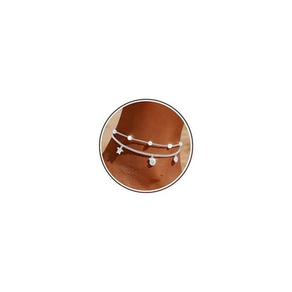 Sterling Silver Ankle Bracelets for Women 14k Gold Plated Waterproof Dainty Layered Stackable Seashell Pearl Charm Non Tarnish Adjustable Anklet for Summer Beach Jewelry Gift - color: silver1