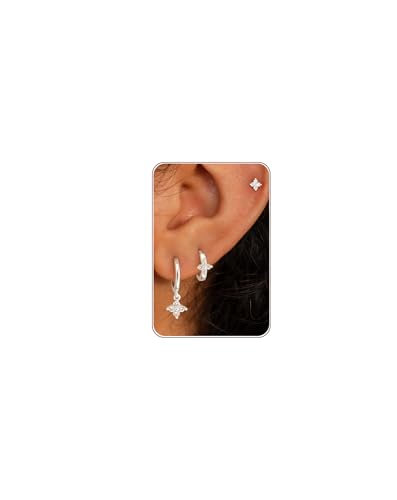3 Pairs Earring Stacks, Gold Earring Set Jewelry Gift for Women | Small, 14K Gold/White Gold/Black/Rose Gold Plated, Hypoallergenic, Her, Everday, Stackable, Simple, 3 Holes - color: Silver-Clover