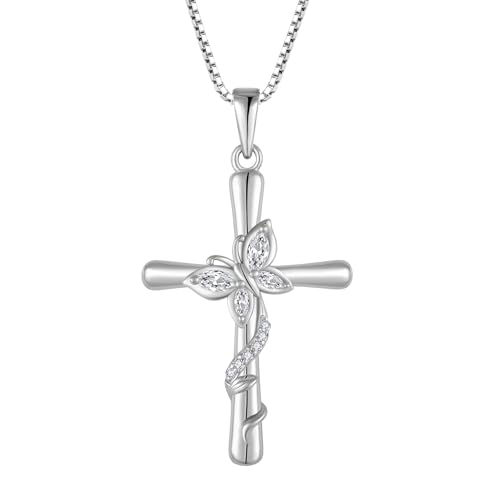 Cross Necklace for Women 925 Sterling Silver Butterfly Necklace Birthstone Pendant Created Gemstone Jewelry Gifts for Women - color: 04 April - Cubic Zirconia