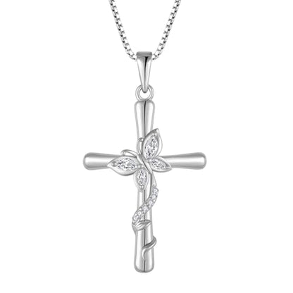 Cross Necklace for Women 925 Sterling Silver Butterfly Necklace Birthstone Pendant Created Gemstone Jewelry Gifts for Women - color: 04 April - Cubic Zirconia