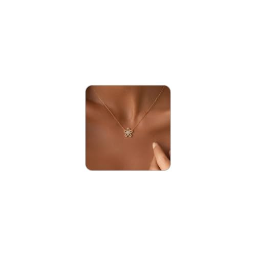 Gold Necklace for Women, Dainty 14K Gold Plated Pendant Necklaces for Women Trendy Simple Choker Chain Cubic Zirconia Circle/Interlocking/Sun/Pearl Necklace Fashion Jewelry Charm Gifts - color: CZ Flower