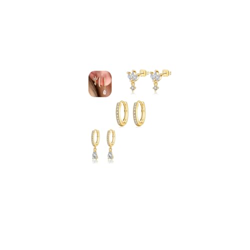 3 Pairs Huggie Hoop Earring Set 18K Gold Plated Cubic Zirconia Cartilage Earrings, Multi Piercings Ear Jacket Earring Climber Stud Earring for Women Everyday Earrings - color: 3 Pairs Earrings Style B