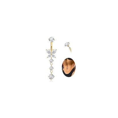 14G G23 Titanium Dangle Belly Button Ring for Women Dangling Belly Rings CZ Butterfly Teardrop Navel Rings Internally Threaded Curved Barbell Navel Piercing Jewelry - color: Gold-2
