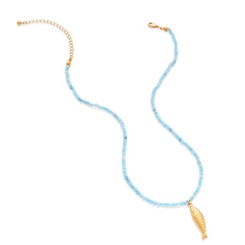 Boho Fish Necklace for Women - Blue Natural Stone Fish Pendant Necklace, Bohemian Beach Jewelry Colourful Jewelry for Summer Vacation - color: Light blue