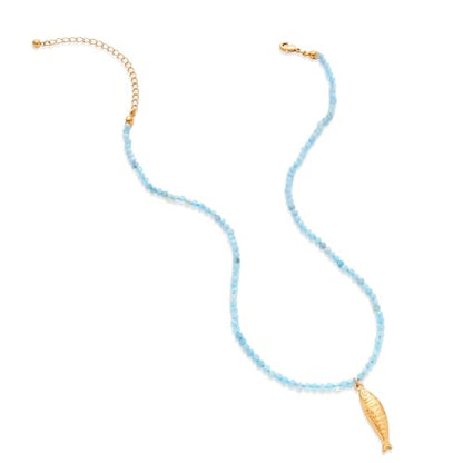 Boho Fish Necklace for Women - Blue Natural Stone Fish Pendant Necklace, Bohemian Beach Jewelry Colourful Jewelry for Summer Vacation - color: Light blue