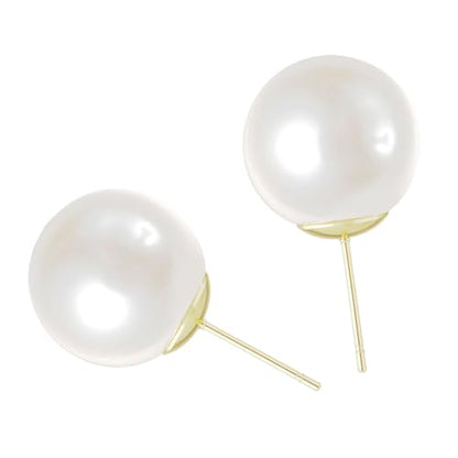 Oversized Faux Pearl Stud Earrings for Women, 14K Gold Plated Sterling Silver Hypoallergenic Large Classic Lightweight Pearl Earrings - size: White-12mm