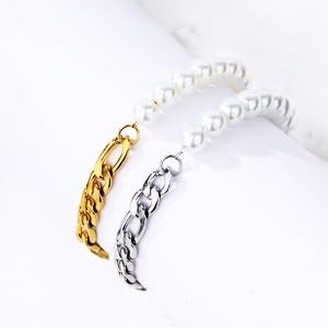 Pearl Spliced Stainless Steel Figaro Chain Bracelet, Hip Hop Style, Adjustable, for Women - color: Gold Plated
