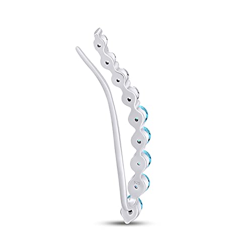 One Piece Right Ear Climber Earring for Women With Birthstone And White CZ | Floating Curved Bar Ear Crawler In 14K Gold Over Sterling Silver Jewelry for Her - color: Simulated Aquamarine