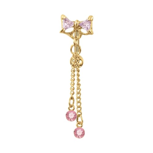 14G CZ Bowknot Reverse Belly Button Rings for Women Stainless Steel Pink Purple Crystal Bow Chains Tassel Dangle Belly Navel Rings Navel Curved Barbell Body Piercing Jewelry - color: Pink