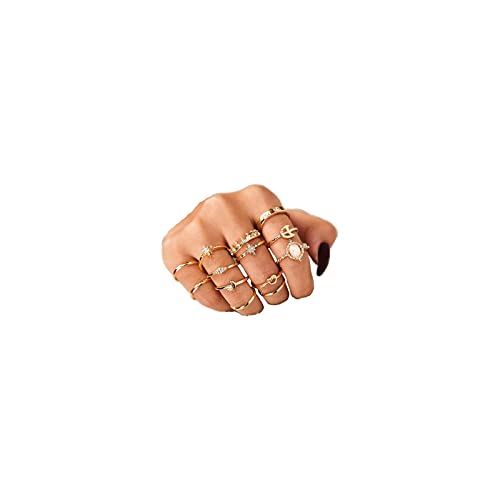 INENIMARTJ Boho Rings for Women Teen Girls,Gold Stacking Rings Set Vintage Knuckle Stackable Moon Star Snake Butterfly Heart Flower Leaf Top Finger Rings - color: 554-G