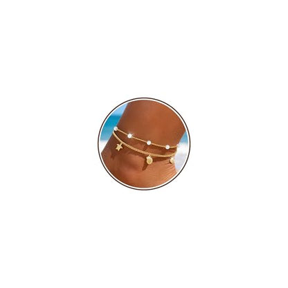 Sterling Silver Ankle Bracelets for Women 14k Gold Plated Waterproof Dainty Layered Stackable Seashell Pearl Charm Non Tarnish Adjustable Anklet for Summer Beach Jewelry Gift - color: gold1