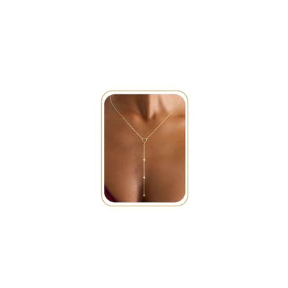 CHESKY Lariat Gold Necklace for Women, Dainty Long Necklace 14k Gold Plated Y-Shaped Pendant Necklace Trendy Layered CZ Beaded Chain Drop Necklaces Simple Gold Jewelry for Women Gifts - color: 10