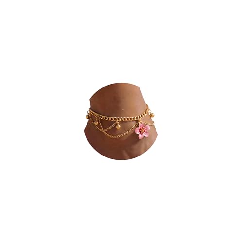 Fesciory Gold Plated Ankle Bracelets for Women, Adjustable Layered Flower Cherry Charm Anklets, Summer Hawaiian Beach Foot Jewelry Gifts - color: Flower(Pink)
