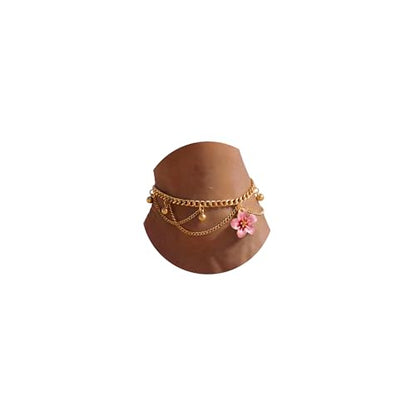 Fesciory Gold Plated Ankle Bracelets for Women, Adjustable Layered Flower Cherry Charm Anklets, Summer Hawaiian Beach Foot Jewelry Gifts - color: Flower(Pink)