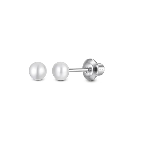 Pearl Screw Back Stud Earrings, 925 Sterling Silver Hypoallergenic - color: White, size: 4mm-Medium