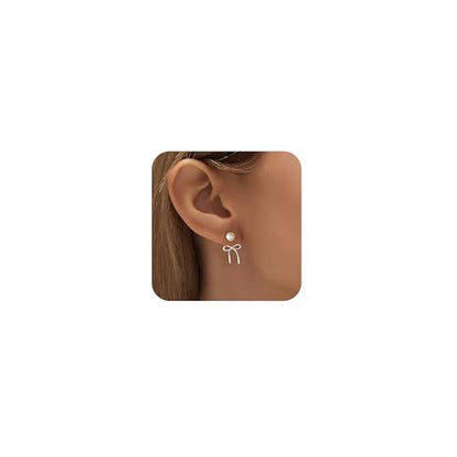 Gold Silver Pearl Earrings for Women - Hoop Earrings for Women Trendy 14K Gold Plated/Silver Twist Rope Bow Stud Bow Pearl Huggie Earring Hoops Pearls Dangle Cubic Zirconia Earring Jewelry Gift Womens - color: Silver bow