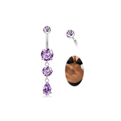 14G G23 Titanium Dangle Belly Button Ring for Women Dangling Navel Rings Hypoallergenic Teardrop Shiny CZ Belly Ring Internally Threaded Navel Piercing Jewelry - color: Purple