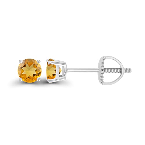 14K Gold Plated 925 Sterling Silver Hypoallergenic 4mm Round Genuine Birthstone Solitaire Screwback Stud Earrings - color: Citrine
