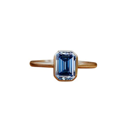 2.5CT Emerald Cut Moissanite Solitaire Ring, 14K Yellow Gold Engagement Ring, Bezel Setting, Statement Ring, Gift For Her, Wedding Ring By SHREESHYAMJEWELLS - color: Blue Moissanite