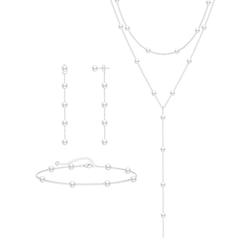 Zeffy Gold Pearl Necklace for Women, Dainty 14K Gold/Silve Plated Layered Pearl Choker Pearl Earrings Pearl Bracelets Wedding Trendy Gold Jewelry Set for Women Gifts - style: Silver Pearl Y Necklace&Drop Earrings&Bracelet-3PCS