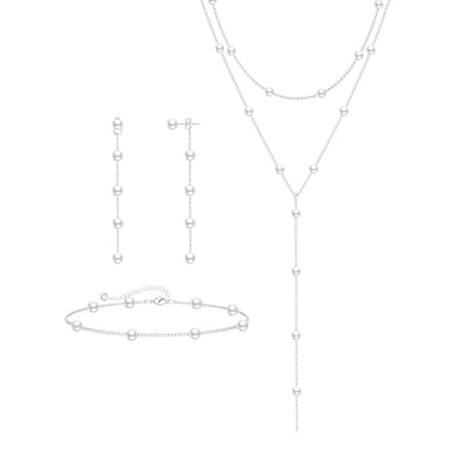 Zeffy Gold Pearl Necklace for Women, Dainty 14K Gold/Silve Plated Layered Pearl Choker Pearl Earrings Pearl Bracelets Wedding Trendy Gold Jewelry Set for Women Gifts - style: Silver Pearl Y Necklace&Drop Earrings&Bracelet-3PCS