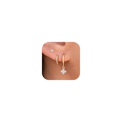 3 Pairs Earring Stacks, Gold Earring Set Jewelry Gift for Women | Small, 14K Gold/White Gold/Black/Rose Gold Plated, Hypoallergenic, Her, Everday, Stackable, Simple, 3 Holes - color: Gold-Four Leaf