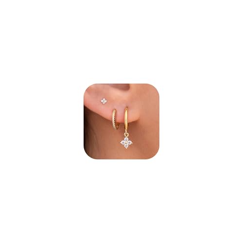 3 Pairs Earring Stacks, Gold Earring Set Jewelry Gift for Women | Small, 14K Gold/White Gold/Black/Rose Gold Plated, Hypoallergenic, Her, Everday, Stackable, Simple, 3 Holes - color: Gold-Four Leaf